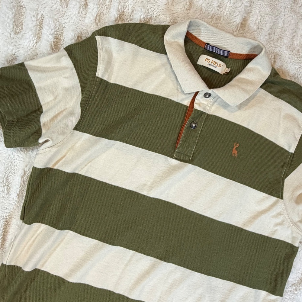 PG Field Heritage Mens Polo Shirt Large Green Cream Striped Cotton Stag Logo